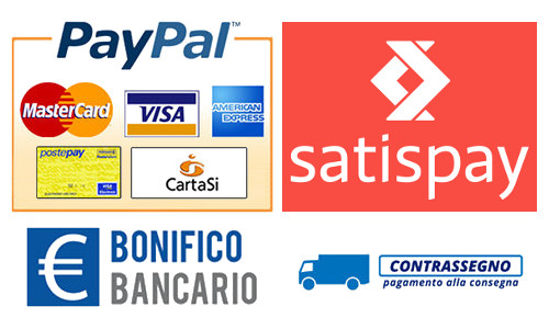 Pagamenti sicuri paypal, satispay, carta di credito, contrassegno, bonifico bancario 