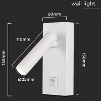 V-TAC VT-402  LAMPADA LED 2W PARETE ORIENTABILE B.CALDO BIANCA IP20 CON INTERRUTTORE LED10288 2
