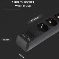 V-TAC VT-1125 MULTIPRESA CON 3 PRESE + 2 USB E SPINA SCHUKO NERO CAVO 5 METRI LED8777 1