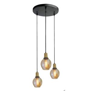 v-tac VT-7307 PORTALAMPADA E27 PENDENTE LEGNO NERO D300 3 BOCCE AMBRA LED3926
