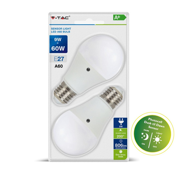 V-TAC VT-2109 LAMP. LED E27 9W BIANCO FREDDO CON SENS. BLISTER 2PZ LED7287