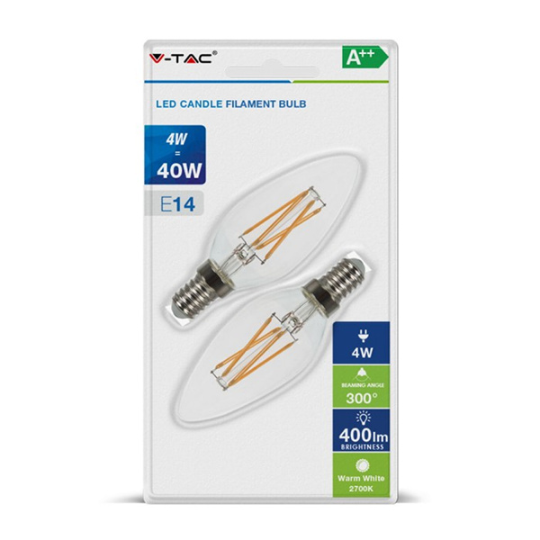 V-TAC VT-2104 LAMPADINA LED E14 4W FIL. BIANCO CALDO A CANDELA 2 PEZZI LED7282 0