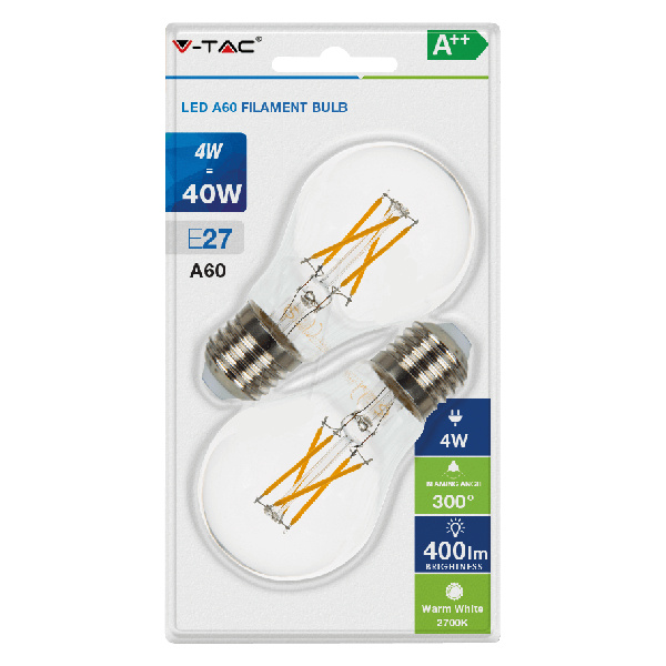 V-TAC VT-1885 LAMPADINA LED E27 FILAMENTO 4W BIANCO CALDO BLISTER 2 PEZZI LED7283 0