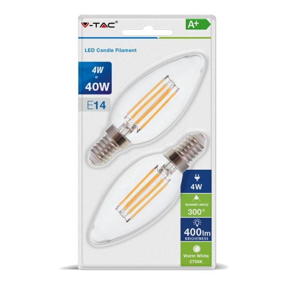 V-TAC VT-2174 LAMPADINA LED E14 4W FIL. BIANCO CALDO A CANDELA 2 PEZZI LED7365 0