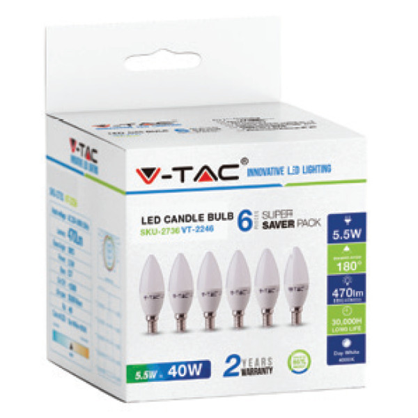 V-TAC VT-2246 LAMPADINA LED E14 5,5W BIANCO FREDDO A CANDELA 6 PEZZI LED2738 0