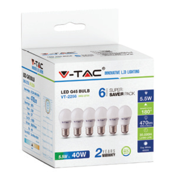 V-TAC VT-2256 LAMPADINA LED E27 5,5W BIANCO CALDO 6 PEZZI LED2730 0
