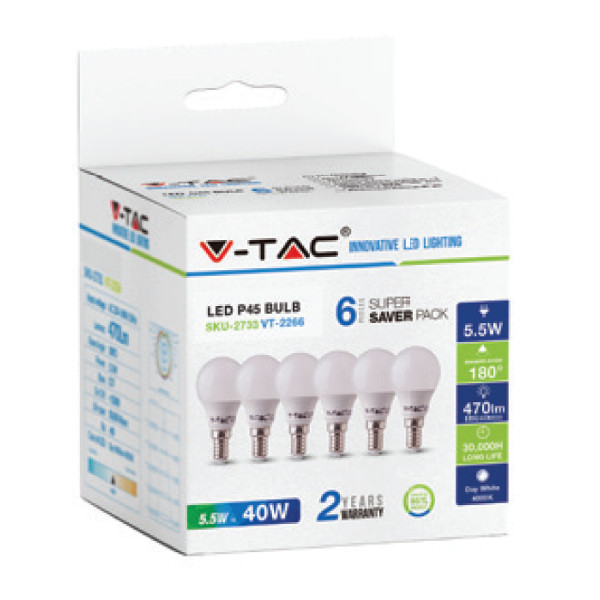 V-TAC VT-2266 LAMPADINA LED MINIBULBO P45 E14 4,5W BIANCO CALDO A BULBO 6 PEZZI LED212733 0